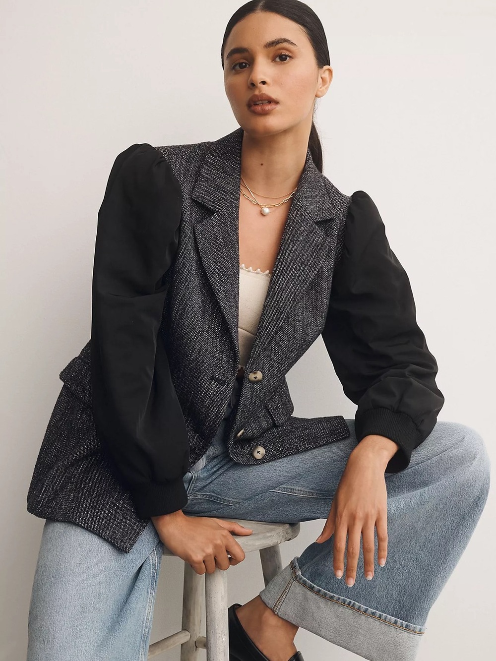 Anthropologie New Maeve Jacket Women’s 4 Mixed Media Relaxed Puff Sleeves Coat S